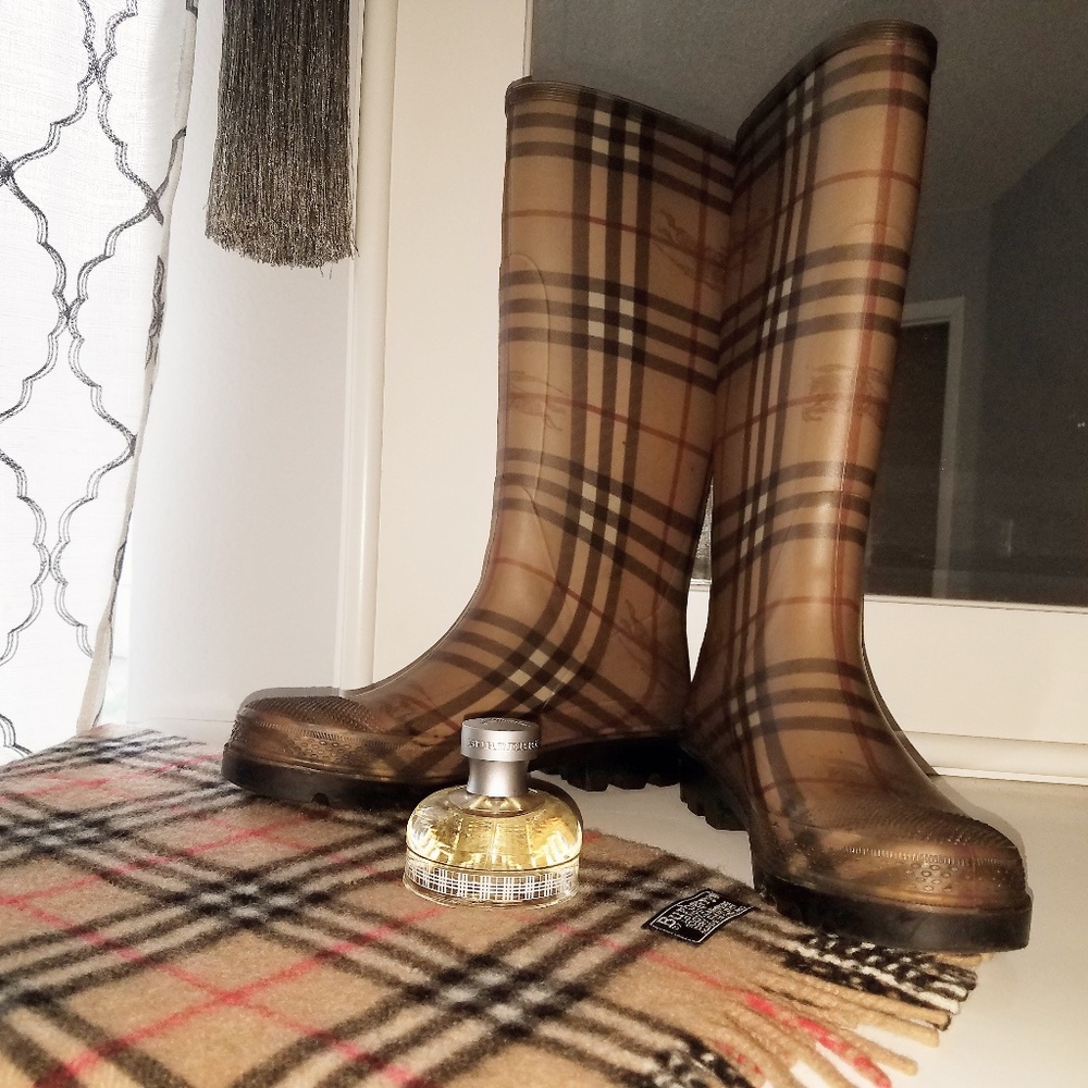 Burberry Tan & Black Plaid Knee-High Rain Boots